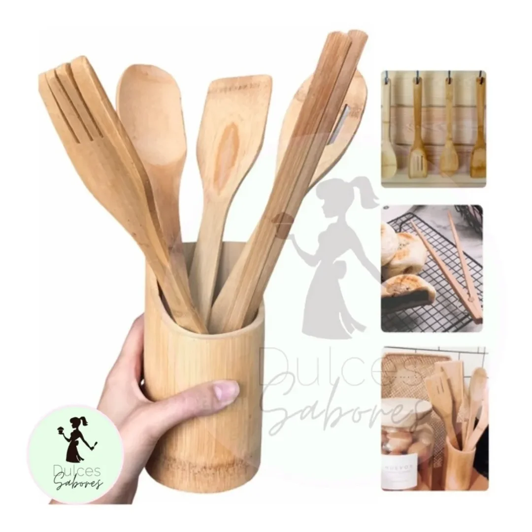 Set 5 Utensilios Cocina + Base De Madera Bamboo – Dulces Sabores